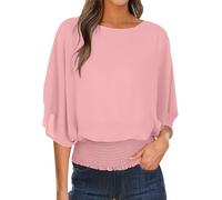 Camicetta da donna in chiffon tinta unita classica con scollo a barchetta e maniche a pipistrello con design a punto smock in vita che scorre camicia elegante per ufficio, sera e abbigliamento casual