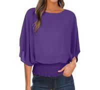 Camicetta da donna in chiffon tinta unita classica con scollo a barchetta e maniche a pipistrello con design a punto smock in vita che scorre camicia elegante per ufficio, sera e abbigliamento casual