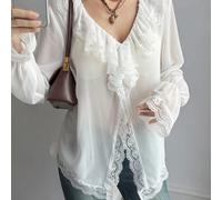 Camicetta da donna in chiffon trasparente bianco tinta unita, scollo a V, maniche lunghe, patchwork in pizzo, orlo con volant, vestibilità ampia, stile Summer Autumn June Festival L,M,SGrafico,PianteT