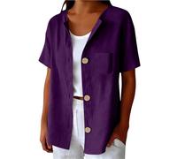 Camicetta da donna in cotone e lino, a maniche corte, con bottoni, estiva, casual, da lavoro, con tasca, Viola scuro, XL
