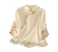 Camicetta da donna in cotone e lino, a maniche lunghe, ricamata, girocollo, vestibilità larga, stile bohémien, casual, estiva, per contadini, bianco, 3XL