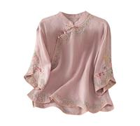 Camicetta da donna in cotone e lino, a maniche lunghe, ricamata, girocollo, vestibilità larga, stile bohémien, casual, estiva, per contadini, Viola, 3XL