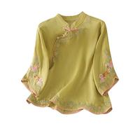 Camicetta da donna in cotone e lino, a maniche lunghe, ricamata, girocollo, vestibilità larga, stile bohémien, casual, estiva, per contadini, Verde, 4XL