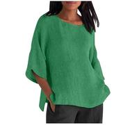 Camicetta da Donna in Cotone e Lino, Estiva, con Scollo a V, Tre Quarti, Ampia e Solida, da Indossare Tutti i Giorni in Modo Casual.(Green,XXL)