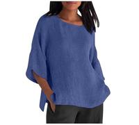Camicetta da Donna in Cotone e Lino, Estiva, con Scollo a V, Tre Quarti, Ampia e Solida, da Indossare Tutti i Giorni in Modo Casual.(Dark Blue,3XL)