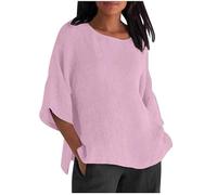 Camicetta da Donna in Cotone e Lino, Estiva, con Scollo a V, Tre Quarti, Ampia e Solida, da Indossare Tutti i Giorni in Modo Casual.(Pink,XL)