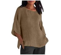 Camicetta da Donna in Cotone e Lino, Estiva, con Scollo a V, Tre Quarti, Ampia e Solida, da Indossare Tutti i Giorni in Modo Casual.(Khaki,L)