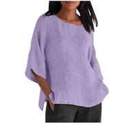 Camicetta da Donna in Cotone e Lino, Estiva, con Scollo a V, Tre Quarti, Ampia e Solida, da Indossare Tutti i Giorni in Modo Casual.(Light Purple,XL)