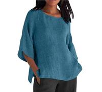 Camicetta da Donna in Cotone e Lino, Estiva, con Scollo a V, Tre Quarti, Ampia e Solida, da Indossare Tutti i Giorni in Modo Casual.(Blue,XL)