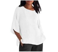 Camicetta da Donna in Cotone e Lino, Estiva, con Scollo a V, Tre Quarti, Ampia e Solida, da Indossare Tutti i Giorni in Modo Casual.(White,3XL)