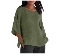 Camicetta da Donna in Cotone e Lino, Estiva, con Scollo a V, Tre Quarti, Ampia e Solida, da Indossare Tutti i Giorni in Modo Casual.(Army Green,L)