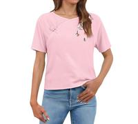 Camicetta da donna in cotone e lino retrò con motivo floreale, design ricamato con rana cinese, colletto con bottoni, vestibilità larga, top casual per comfort quotidiano e look eleganti, rosa, L