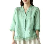 Camicetta da donna in cotone e lino ricamata, stile vintage, boho, scollo a V, maniche a 3/4, camicia contadina in garza, con bottoni, stile artistico, floreale, vestibilità larga, tunica per l'estate