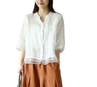 Camicetta da donna in cotone e lino ricamata, stile vintage, boho, scollo a V, maniche a 3/4, camicia contadina in garza, con bottoni, stile artistico, floreale, vestibilità larga, tunica per l'estate