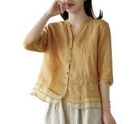 Camicetta da donna in cotone e lino ricamata, stile vintage, boho, scollo a V, maniche a 3/4, camicia contadina in garza, con bottoni, stile artistico, floreale, vestibilità larga, tunica per l'estate