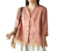 Camicetta da donna in cotone e lino ricamata, stile vintage, boho, scollo a V, maniche a 3/4, camicia contadina in garza, con bottoni, stile artistico, floreale, vestibilità larga, tunica per l'estate