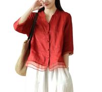 Camicetta da donna in cotone e lino ricamata, stile vintage, boho, scollo a V, maniche a 3/4, camicia contadina in garza, con bottoni, stile artistico, floreale, vestibilità larga, tunica per l'estate