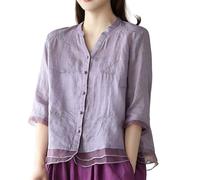 Camicetta da donna in cotone e lino ricamata, stile vintage, boho, scollo a V, maniche a 3/4, camicia contadina in garza, con bottoni, stile artistico, floreale, vestibilità larga, tunica per l'estate
