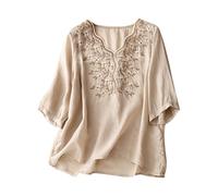 Camicetta da donna in cotone e lino ricamato, con maniche a 3/4, scollo a V, design ampio, stile bohémien, per un comodo uso quotidiano estivo e per il tempo libero, 1a-cachi, L