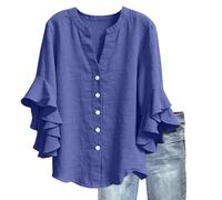 Camicetta da donna in cotone lino con scollo a v bottoni chic maniche a balze camicette e camicette tinta unita allentata traspirante T-Shirts di grandi dimensioni casual camicia in lino tunica