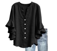 Camicetta da donna in cotone lino con scollo a v bottoni chic maniche a balze camicette e camicette tinta unita allentata traspirante T-Shirts di grandi dimensioni casual camicia in lino tunica, Nero