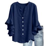 Camicetta da donna in cotone lino con scollo a v bottoni chic maniche a balze camicette e camicette tinta unita allentata traspirante T-Shirts di grandi dimensioni casual camicia in lino tunica, Blu