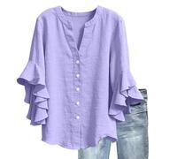 Camicetta da donna in cotone lino con scollo a v bottoni chic maniche a balze camicette e camicette tinta unita allentata traspirante T-Shirts di grandi dimensioni casual camicia in lino tunica, viola