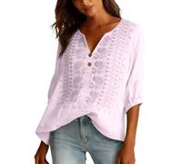 Camicetta da donna in lino con scollo a V, estiva, stile bohémien, maniche a 3/4, bianca, con ricamo, per il tempo libero, leggera e ariosa, oversize, per il tempo libero, Colore: rosa., S