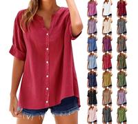 Camicetta da donna in lino di grandi dimensioni, estiva, oversize, in mussola, elegante, da donna, in lino, casual, per leggings a tunica, in lino, Rosa acceso., 3XL