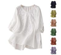 Camicetta da donna in mussola, a mezza manica, casual, in lino, con scollo a V, vintage, a maniche corte, tinta unita, vestibilità larga, in lino, Lilla, L