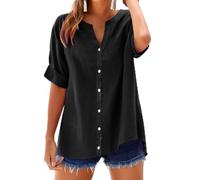 Camicetta da donna in mussola, da donna, elegante, a maniche corte, con scollo a V, in lino, con bottoni, stile classico, tinta unita, leggera e traspirante, Nero , 3XL