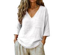 Camicetta da donna in mussola di cotone e lino, con scollo a V, maniche a 3/4, in cotone/lino, con tasca sul petto, a maniche lunghe, scollo a V profondo, per il tempo libero, bianco, L