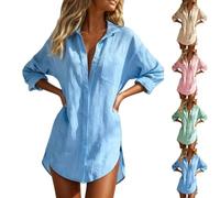Camicetta da donna in mussola estiva, elegante, a maniche lunghe, in cotone, scollo a V, casual, tinta unita, con bottoni, con tasca, Blu cielo, S
