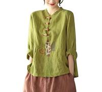 Camicetta da donna in mussola, stile cinese, taglie forti, camicetta in lino con bottoni, a maniche lunghe, maglietta estiva in cotone e lino, con tunica verde, girocollo, camicette da donna, verde, L