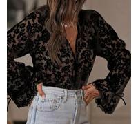Camicetta da donna in pizzo a maniche lunghe con scollo a V, vestibilità larga, per occasioni casual, vacanze, feste, uso quotidiano, bianco, blu, nero, dalla S alla 2XL (M nero)