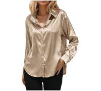 Camicetta da donna in raso a maniche lunghe - Elegante camicetta con abbottonatura - Camicia ampia tinta unita, cachi, XXL