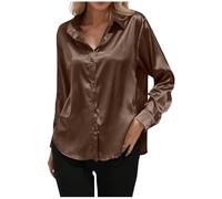 Camicetta da donna in raso a maniche lunghe - Elegante camicetta con abbottonatura - Camicia ampia tinta unita, marrone, S