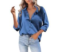 Camicetta da donna in raso con bottoni, a maniche lunghe, con scollo a V, elegante, casual, per ufficio, lavoro, uscite