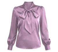 Camicetta da donna in raso con fiocco e collo a maniche lunghe, elegante | Tessuto liscio e setoso, camicia pullover elegante, colloquio in ufficio, appuntamenti, abbigliamento formale casual alla