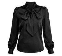 Camicetta da donna in raso con fiocco e collo a maniche lunghe, elegante | Tessuto liscio e setoso, camicia pullover elegante, colloquio in ufficio, appuntamenti, abbigliamento formale casual alla
