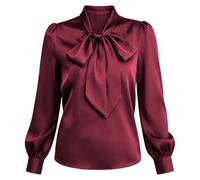 Camicetta da donna in raso con fiocco e collo a maniche lunghe, elegante | Tessuto liscio e setoso, camicia pullover elegante, colloquio in ufficio, appuntamenti, abbigliamento formale casual alla