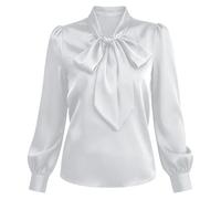 Camicetta da donna in raso con fiocco e collo a maniche lunghe, elegante | Tessuto liscio e setoso, camicia pullover elegante, colloquio in ufficio, appuntamenti, abbigliamento formale casual alla