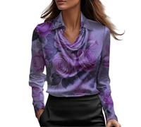 Camicetta da donna in raso elegante con collo ad anello e risvolto a maniche lunghe top da donna elegante casual da ufficio camicie da lavoro, Viola, XL
