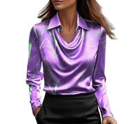 Camicetta da donna in raso elegante con risvolto intelligente collo ad anello camicie a maniche lunghe elegante business casual ufficio top da lavoro, Viola, 3XL
