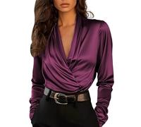 Camicetta da donna in raso elegante con scollo a V incrociata a maniche lunghe increspato top business casual ufficio camicia da lavoro, Viola, L