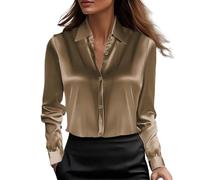 Camicetta da donna in raso, tessuto simile alla seta, maniche lunghe con bottoni, top business casual, look lussuoso per ufficio ed eventi formali, Caff, M