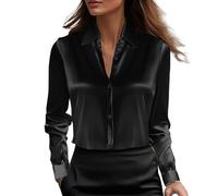 Camicetta da donna in raso, tessuto simile alla seta, maniche lunghe con bottoni, top business casual, look lussuoso per ufficio ed eventi formali, Marrone, XXL