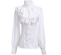 Camicetta da donna in stile vittoriano, camicia gotica Lolita, stile rinascimentale, vintage, a maniche lunghe, con volant, costume a collo alto, top vittoriano (L bianco)