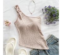 Camicetta da donna in tessuto lavorato a maglia di colore rosa, con design asimmetrico sulla spalla, con arricciatura sulla spalla, vestibilità slim, adatta per festa, appuntamento, San Valentino, spi