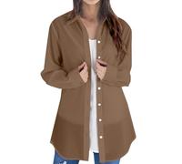 Camicetta da donna in tinta unita, a maniche lunghe, tinta unita, lunga, ampia, sottile, taglie forti, camicette, top, vestiti per la vita quotidiana, regali di Natale, Marrone, L